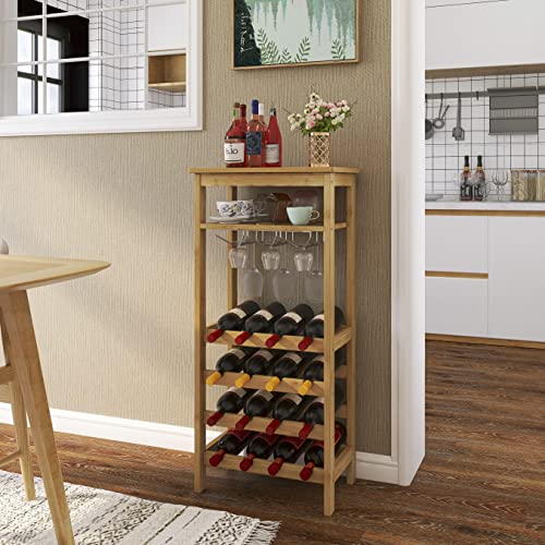 SMIBUY Wine Rack with Glass Holder & Table Top, 16 Bottles Storage