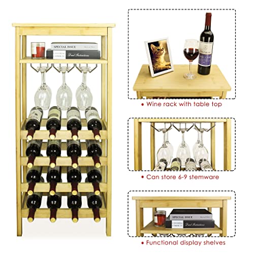 SMIBUY Wine Rack with Glass Holder & Table Top, 16 Bottles Storage