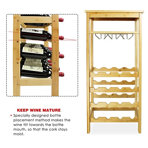 SMIBUY Wine Rack with Glass Holder & Table Top, 16 Bottles Storage