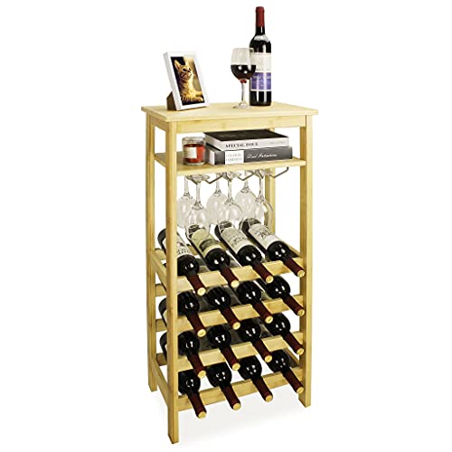 SMIBUY Wine Rack with Glass Holder & Table Top, 16 Bottles Storage